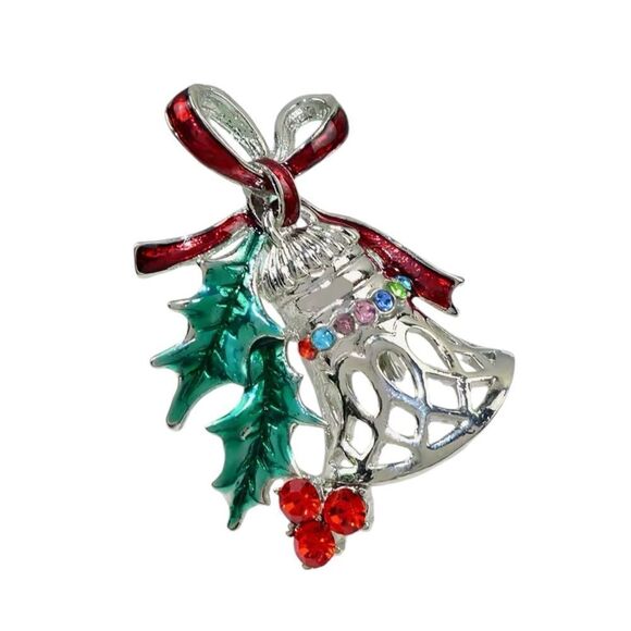 SILVERTONE OPEN CUT CHRISTMAS BELL BROOCH - Picture 2 of 2